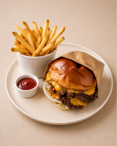 Signature smash cheeseburger with fries