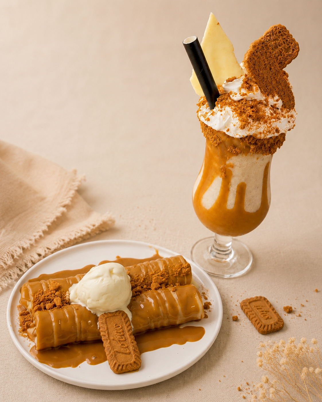 Lucky 7 signature Lotus milkshake with Biscoff crepes